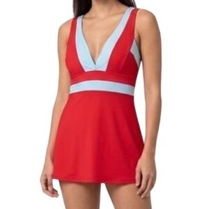 DKNY Swim Womens Red Blue Colorblock V-Neck Swim Dress Size M CA17634‎
